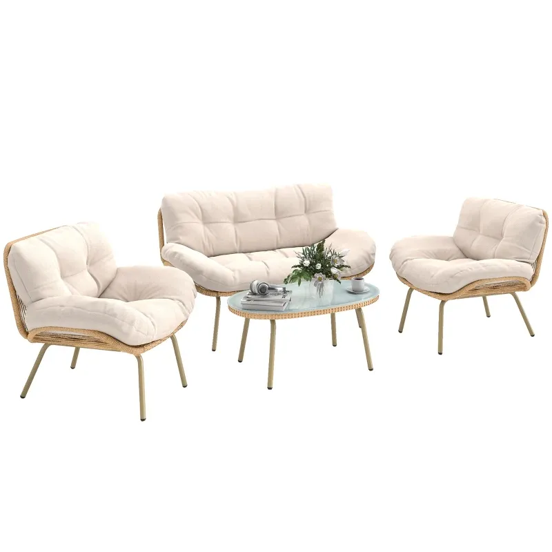 Gartenlounge 4-teilig Polyrattan Sofa 2 Sessel Couchtisch Kissen | Beige Gartenlounge 4-teilig Polyrattan Sofa 2 Sessel Couchtisch Kissen | Beige