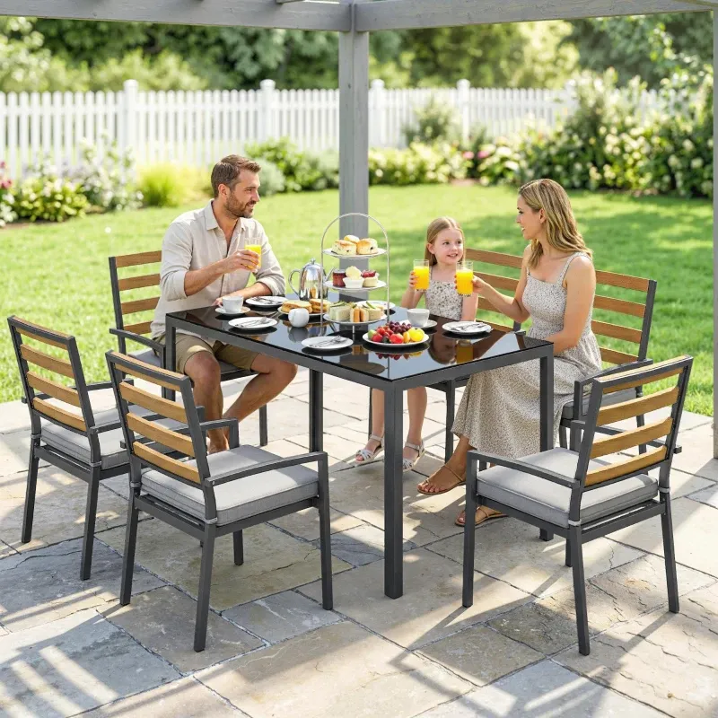 7-teiliges Garten-Esst-Set Tisch 6 Stühle | Schwarz