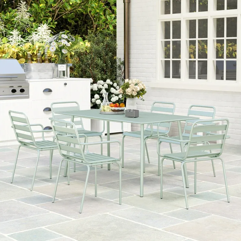 Gartenmöbel-Set 7-teilig Tisch 6 Stapelstühle Stahl | Hellgrün