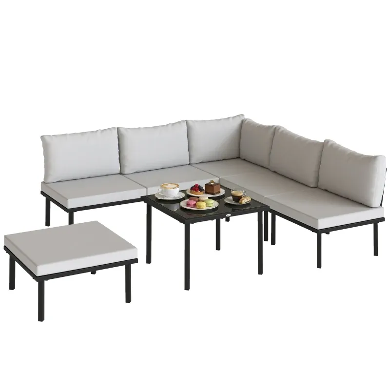 6-Personen Gartenmöbel Set Metall Ecksofa Polster | Hellgrau 6-Personen Gartenmöbel Set Metall Ecksofa Polster | Hellgrau