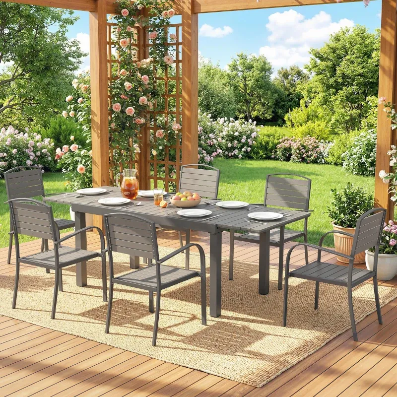Gartenmöbel-Set für 6 Personen 7-teilig Ausziehbar Tisch 6 Stühle Holzoptik | Grau