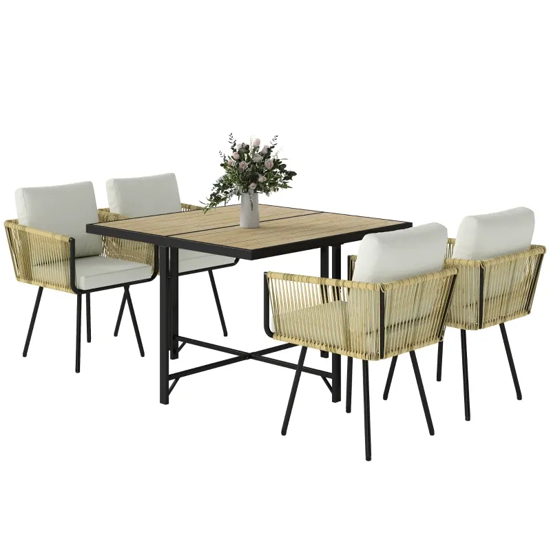 5-teiliges Gartenset Holz-Kunststoff-Tisch 4 Stühle Kissen | Natur/Beige 5-teiliges Gartenset Holz-Kunststoff-Tisch 4 Stühle Kissen | Natur/Beige