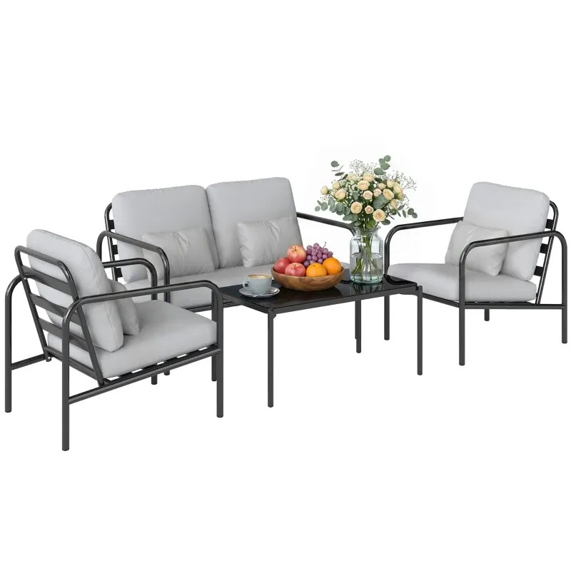 4-teiliges Gartenlounge-Set Stahl Zweisitzer 2 Sessel Tisch Polster | Hellgrau 4-teiliges Gartenlounge-Set Stahl Zweisitzer 2 Sessel Tisch Polster | Hellgrau