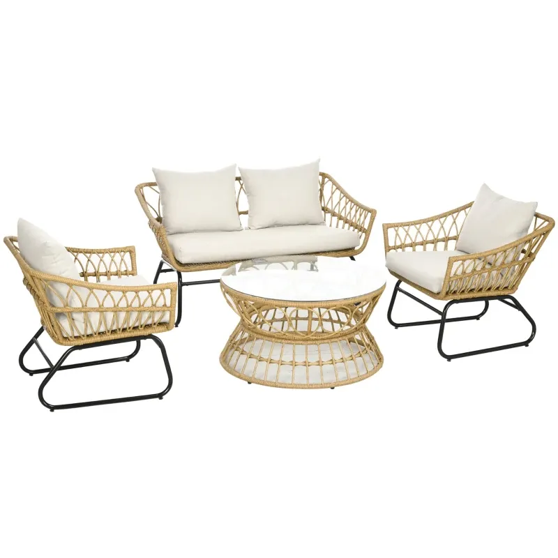 Rattan Gartenmöbelset 4-teilig Sofa 2 Sessel Glastisch | Sand/Creme Rattan Gartenmöbelset 4-teilig Sofa 2 Sessel Glastisch | Sand/Creme