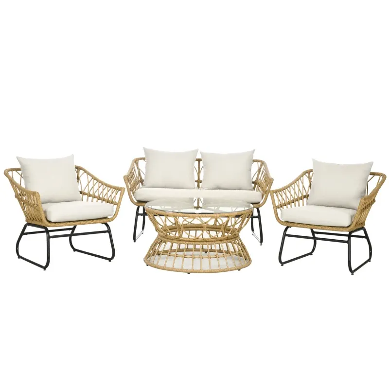 Rattan Gartenmöbelset 4-teilig Sofa 2 Sessel Glastisch | Sand/Creme