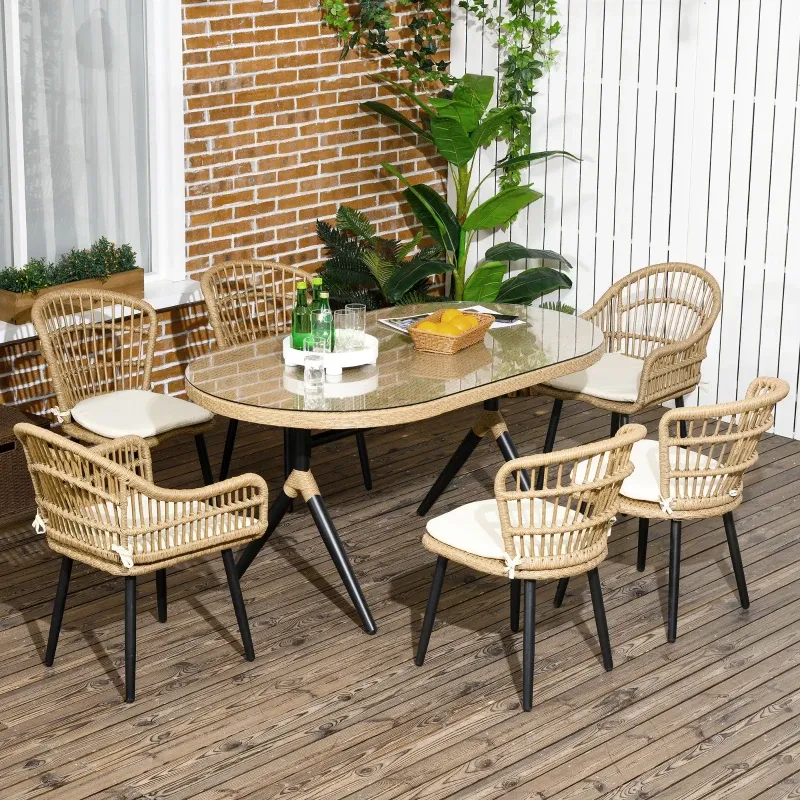 Salon de Jardin 6 Personen Rattan PE Essgruppe-Set Tisch 6 Stühle Kissen | Natur/Beige/Schwarz
