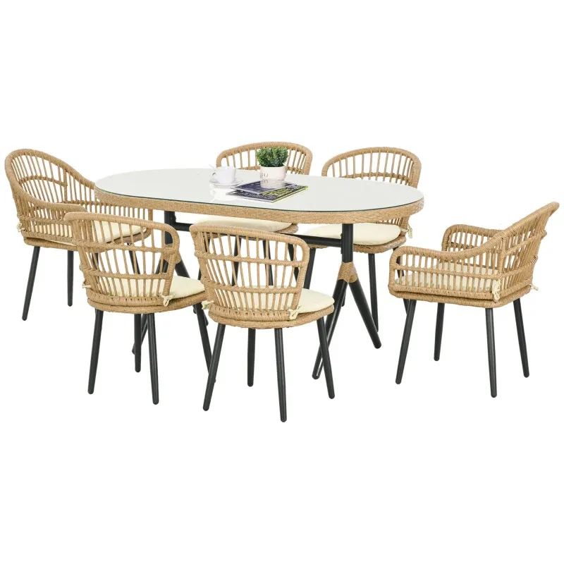 Salon de Jardin 6 Personen Rattan PE Essgruppe-Set Tisch 6 Stühle Kissen | Natur/Beige/Schwarz Salon de Jardin 6 Personen Rattan PE Essgruppe-Set Tisch 6 Stühle Kissen | Natur/Beige/Schwarz