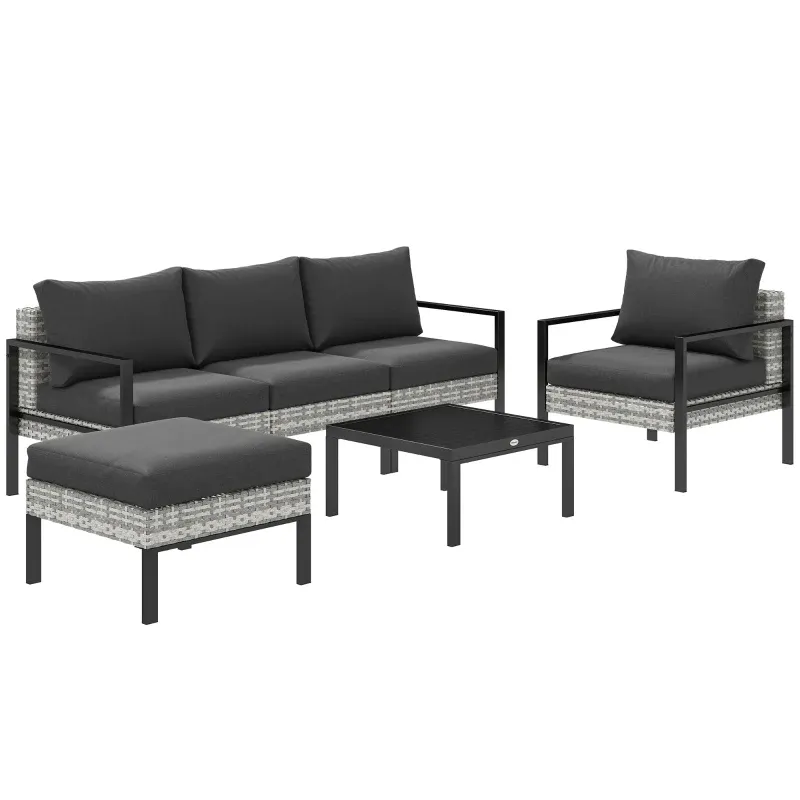 Gartenlounge-Set 5 Personen Balkon-Lounge Rattan Sessel Hocker Couchtisch | Hellgrau Gartenlounge-Set 5 Personen Balkon-Lounge Rattan Sessel Hocker Couchtisch | Hellgrau