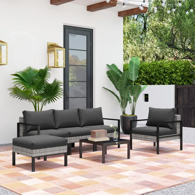 Gartenlounge-Set 5 Personen Balkon-Lounge Rattan Sessel Hocker Couchtisch | Hellgrau