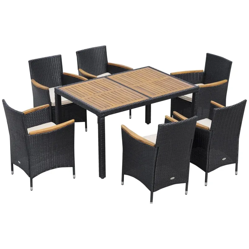 Rattan-Gartenmöbel-Set 6 Personen Esstisch 6 Stühle Kissen Akazienholz | Schwarz/Beige Rattan-Gartenmöbel-Set 6 Personen Esstisch 6 Stühle Kissen Akazienholz | Schwarz/Beige