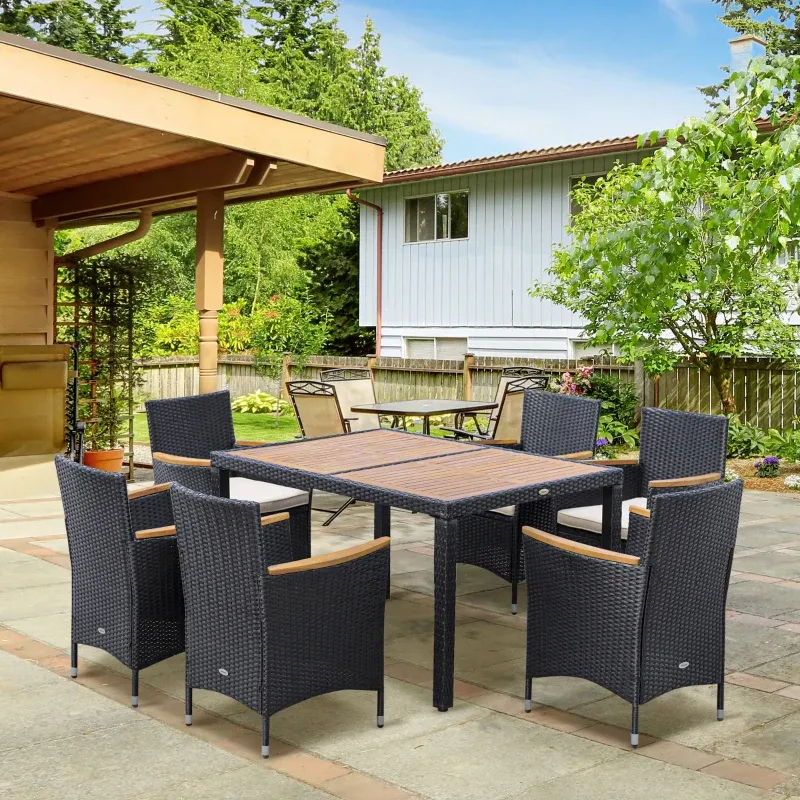 Rattan-Gartenmöbel-Set 6 Personen Esstisch 6 Stühle Kissen Akazienholz | Schwarz/Beige