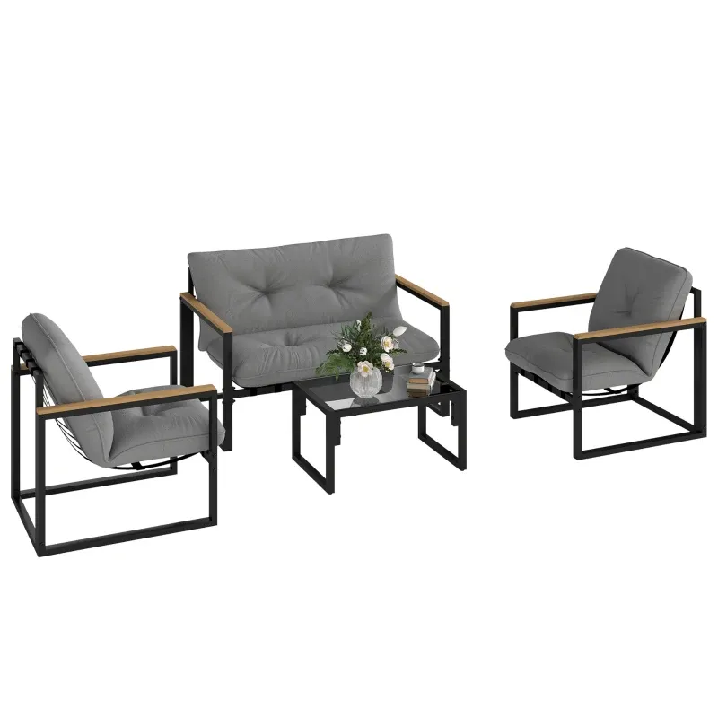 Gartenlounge 4 Personen Sofa 2 Sessel Couchtisch Glas Kissen | Grau