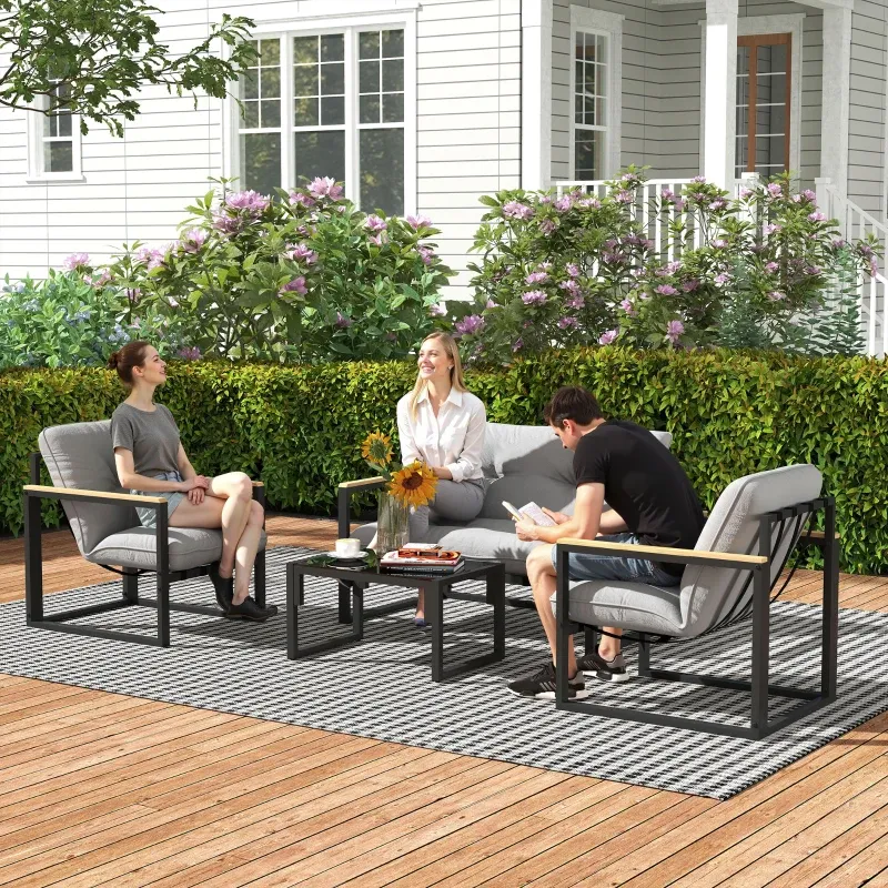 Gartenlounge 4 Personen Sofa 2 Sessel Couchtisch Glas Kissen | Grau