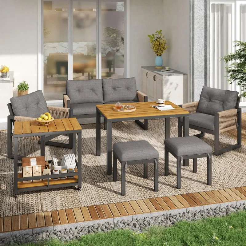 Outdoor-Sofa-Set Abnehmbarer Tisch / Servierwagen Geflochtene Armlehnen Kissen | Grau/Natur