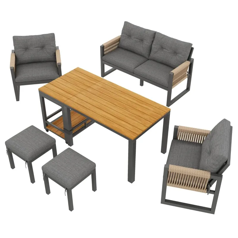 Outdoor-Sofa-Set Abnehmbarer Tisch / Servierwagen Geflochtene Armlehnen Kissen | Grau/Natur Outdoor-Sofa-Set Abnehmbarer Tisch / Servierwagen Geflochtene Armlehnen Kissen | Grau/Natur