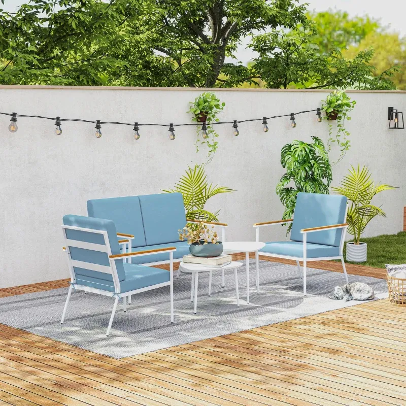 Gartenlounge 4 Personen 5‑teiliges Balkon‑Set Sofa 2 Sessel 2 Couchtische | Hellblau