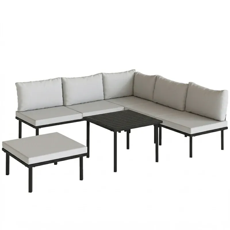 Lounge Gartenmöbel Set 5-6 Personen Gartenlounge Sofa 2 Stühle Eckstuhl Lamell-Tisch Fusshocker | Hellgrau/Schwarz Lounge Gartenmöbel Set 5-6 Personen Gartenlounge Sofa 2 Stühle Eckstuhl Lamell-Tisch Fusshocker | Hellgrau/Schwarz