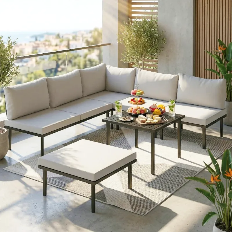 Lounge Gartenmöbel Set 5-6 Personen Gartenlounge Sofa 2 Stühle Eckstuhl Lamell-Tisch Fusshocker | Hellgrau/Schwarz