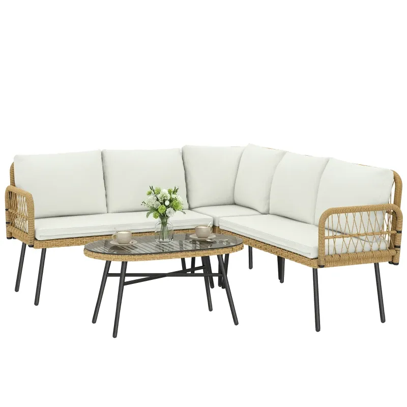 Polyrattan Gartenmöbel Set 4-teilig Lounge Set Ecksofa Zweisitzersofa Glastisch Kissen | Naturholz/Schwarz/Cremeweiss Polyrattan Gartenmöbel Set 4-teilig Lounge Set Ecksofa Zweisitzersofa Glastisch Kissen | Naturholz/Schwarz/Cremeweiss