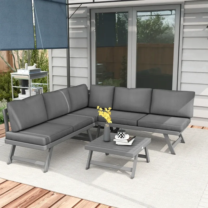 Garten-Sitzgruppe Eck- und Convertible 4-teilig 2 Zweisitzer 1 Eckstuhl Couchtisch | Grau/Weiss