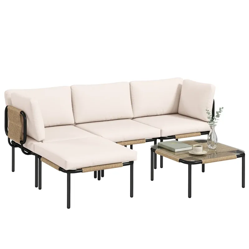 Polyrattan Gartenmöbel Set 5-teilig 2 Eckstühle 2 Hocker Tisch Kissen | Khaki Polyrattan Gartenmöbel Set 5-teilig 2 Eckstühle 2 Hocker Tisch Kissen | Khaki