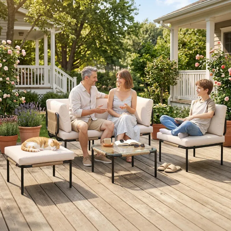 Polyrattan Gartenmöbel Set 5-teilig 2 Eckstühle 2 Hocker Tisch Kissen | Khaki