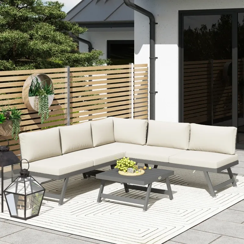 Eck- und 4-teiliges Gartensofaset 2 Zweisitzer 1 Eckstuhl Couchtisch | Grau/Beige