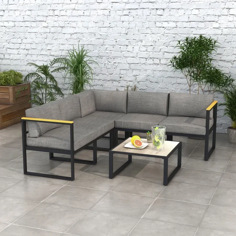 Gartensofa-Set Ecksofa Zeitgenössisches Design 6-teilig 5 Personen Aluminium | Grau/Natur