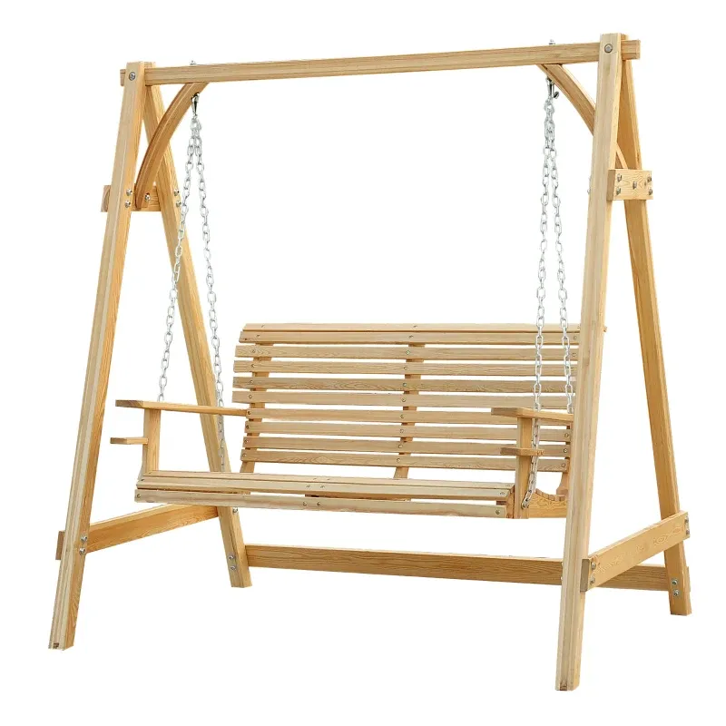 2-Sitzer Gartenschaukel, Holzschaukelbank, Ablagen, Getränkehalter, Metallketten, Grau 2-Sitzer Gartenschaukel, Holzschaukelbank, Ablagen, Getränkehalter, Metallketten, Grau