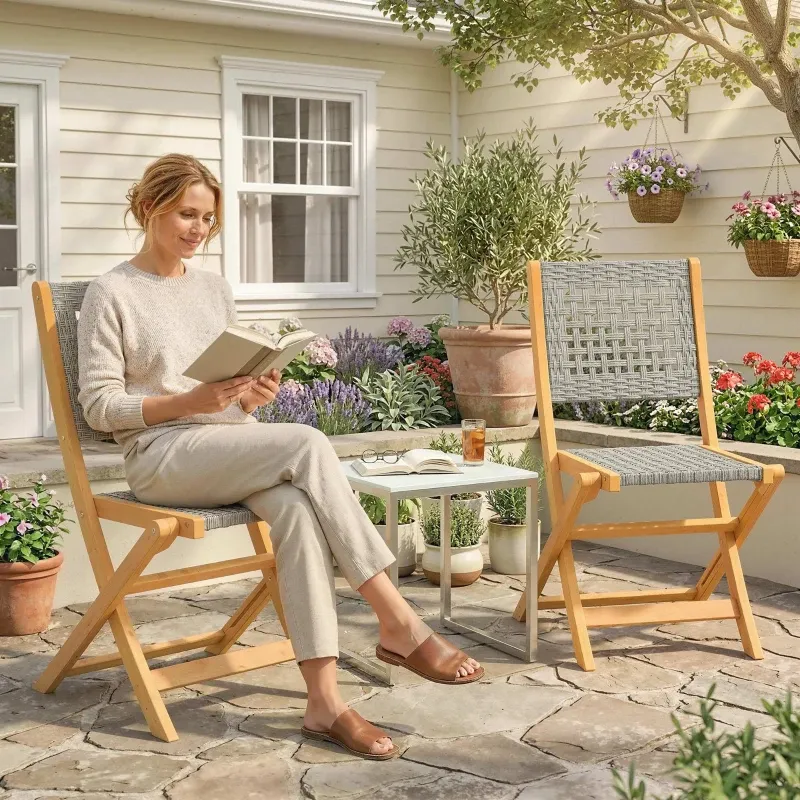 Gartenstühle 2 Stück FSC Klappstuhl Atmungsaktiv Sitz Massivholz Polyrattan | Naturholz/Grau