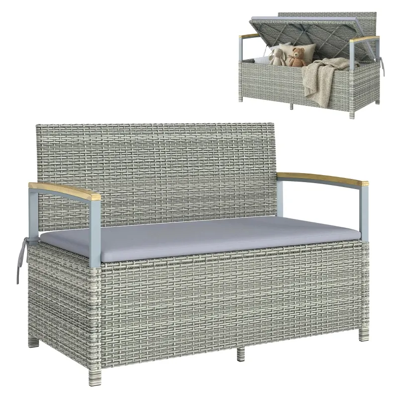 Gartenbank Polyrattan 170L 2-Sitzer Stauraum Kissen Holz-Armlehne | Hellgrau/Naturholz Gartenbank Polyrattan 170L 2-Sitzer Stauraum Kissen Holz-Armlehne | Hellgrau/Naturholz