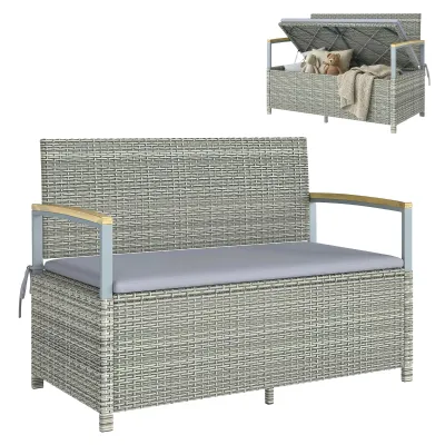 Gartenbank Polyrattan 170L 2-Sitzer Stauraum Kissen Holz-Armlehne | Hellgrau/Naturholz Gartenbank Polyrattan 170L 2-Sitzer Stauraum Kissen Holz-Armlehne | Hellgrau/Naturholz