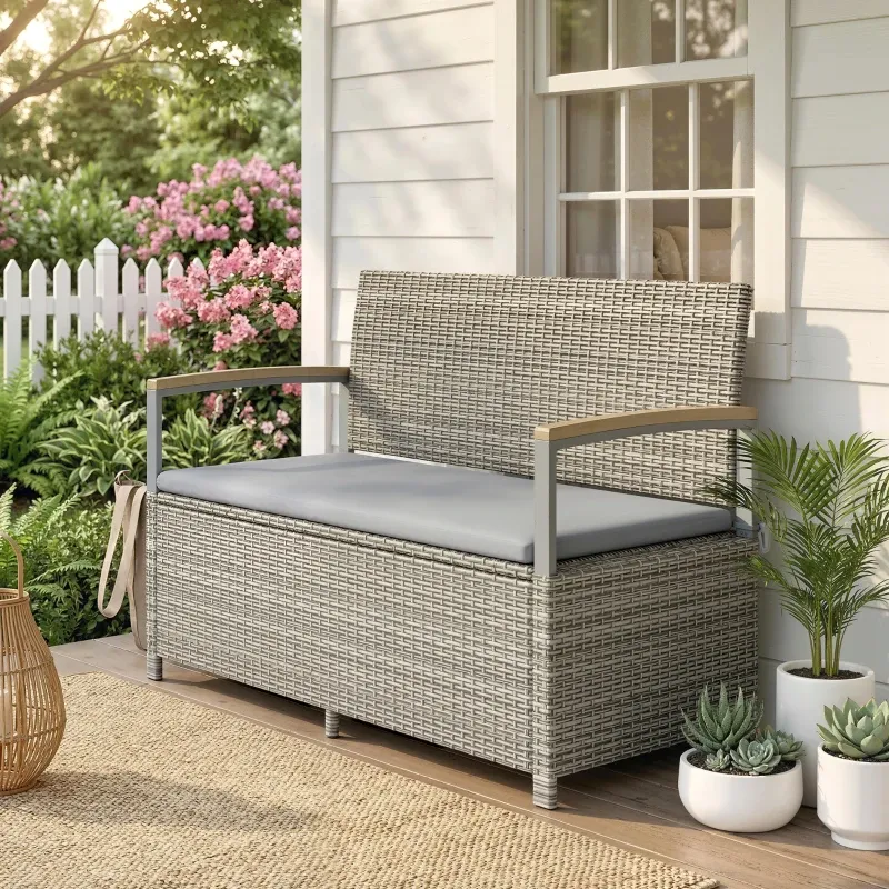 Gartenbank Polyrattan 170L 2-Sitzer Stauraum Kissen Holz-Armlehne | Hellgrau/Naturholz
