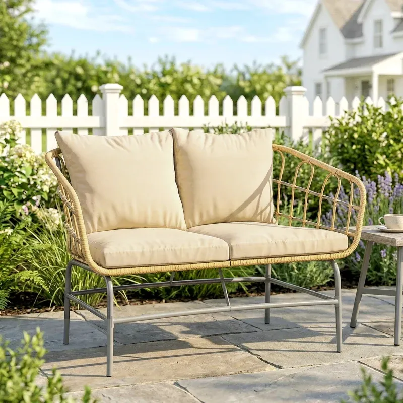 2‑Sitzer Gartensofa Polyrattan Dicke Anti-Rutsch-Kissen | Braun