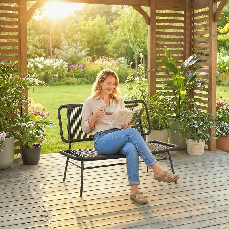 2-Sitzer-Outdoor-Rattansofa Gartenbank Sitz- Rückenlehne Rattan Stahlgestell | Schwarz