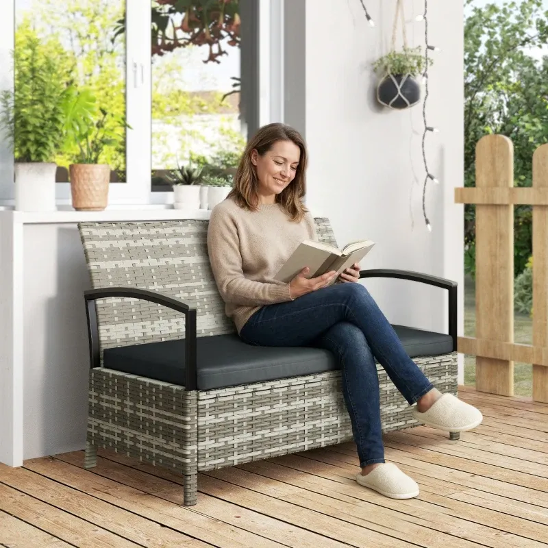 Gartenbank Stauraum 2-Sitzer Sitzbank Kissen Poly Rattan | Dunkelgrau