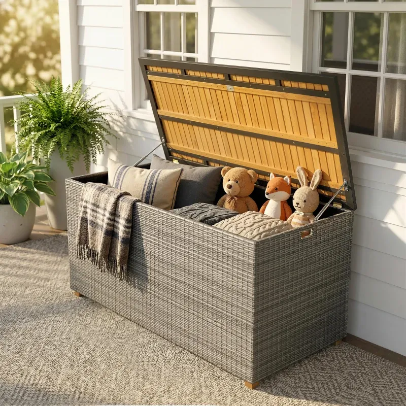 Gartenbox 450 L Polyrattan Wasserdicht Auflagenbox FSC-Holz-Deckel | Dunkelgrau/Naturholz