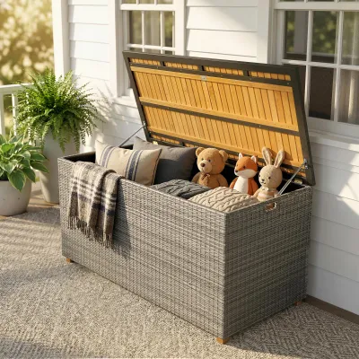 Gartenbox 450 L Polyrattan Wasserdicht Auflagenbox FSC-Holz-Deckel | Dunkelgrau/Naturholz
