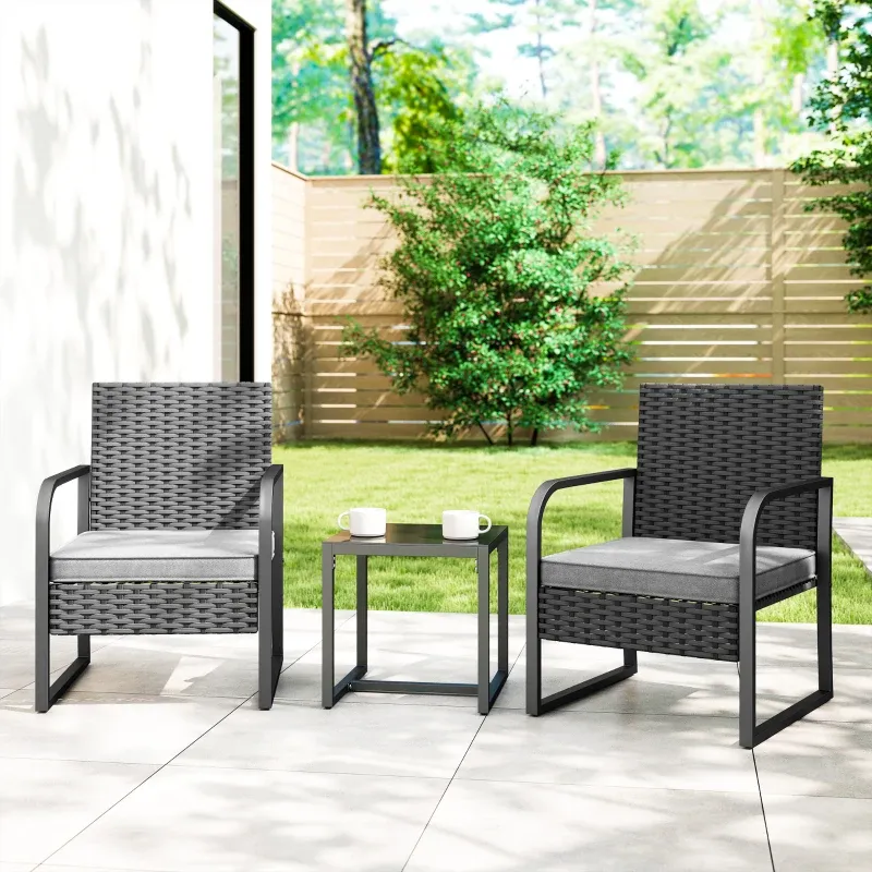 Rattan-Gartenlounge 2 Aussensessel Beistelltisch Glasplatte | Schwarz