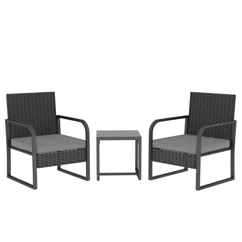 Rattan-Gartenlounge 2 Aussensessel Beistelltisch Glasplatte | Schwarz Rattan-Gartenlounge 2 Aussensessel Beistelltisch Glasplatte | Schwarz
