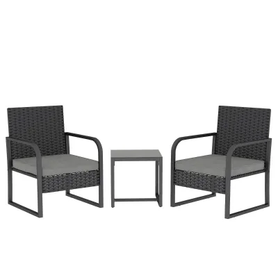Rattan-Gartenlounge 2 Aussensessel Beistelltisch Glasplatte | Schwarz Rattan-Gartenlounge 2 Aussensessel Beistelltisch Glasplatte | Schwarz