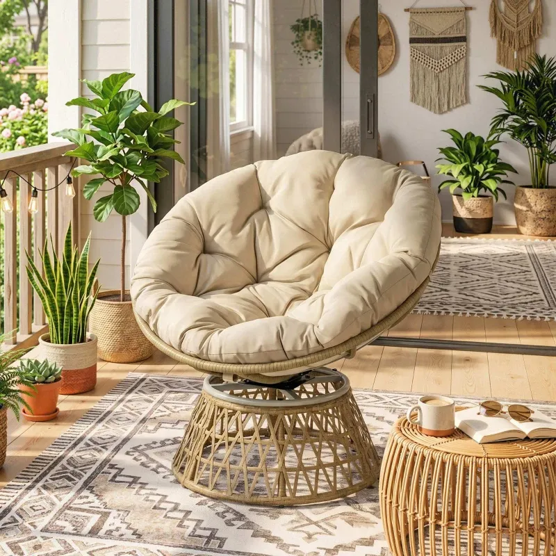 Korbsessel Rattansessel Outdoor-Sessel Boho-Stil Wetterbeständig | Creme/Natur