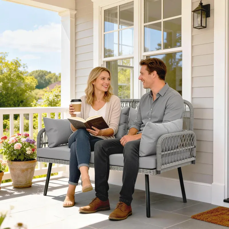 Gartensofa Kissen Polster 2-Sitzer Geflochtenes PE-Rattan Outdoor-Sofa Armlehnen | Dunkelgrau