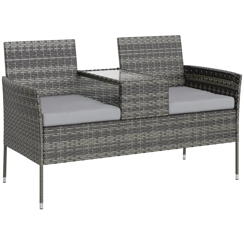 Gartenbank 2 Personen Beistelltisch Stahl PE-Rattan | Grau Gartenbank 2 Personen Beistelltisch Stahl PE-Rattan | Grau
