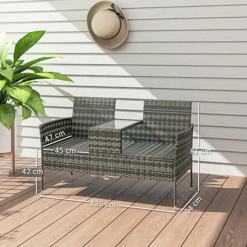 Gartenbank 2 Personen Beistelltisch Stahl PE-Rattan | Grau