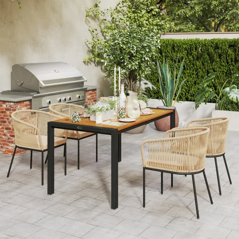 5-teiliges Rattan-Gartenmöbel-Set 4 Stühle 1 Tisch Waschbare Kissen | Khaki