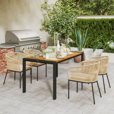 5-teiliges Rattan-Gartenmöbel-Set 4 Stühle 1 Tisch Waschbare Kissen | Khaki