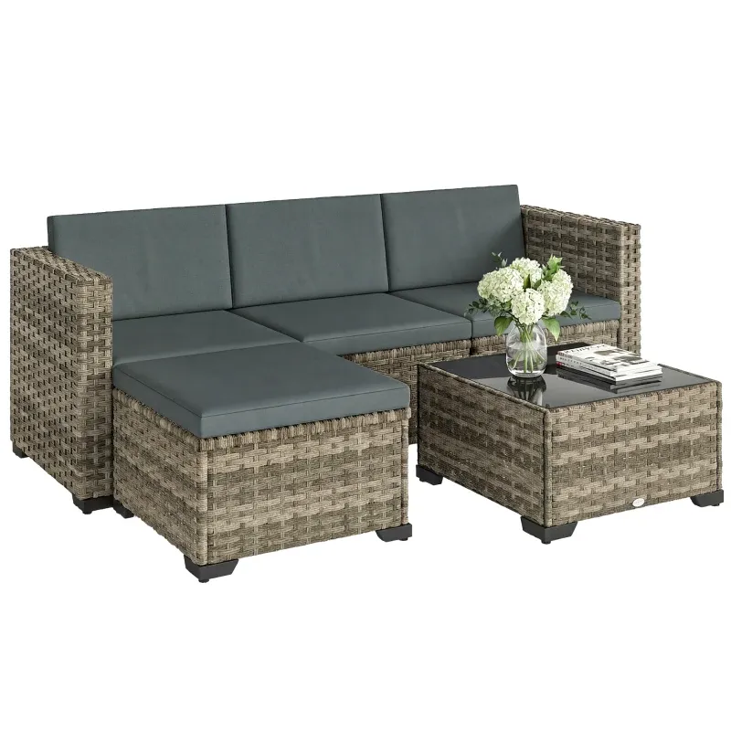 5-teiliges Rattan-Garten-Set Kissen 2 Ecksessel Sessel Fusshocker Tisch | Natur/Dunkelgrau 5-teiliges Rattan-Garten-Set Kissen 2 Ecksessel Sessel Fusshocker Tisch | Natur/Dunkelgrau
