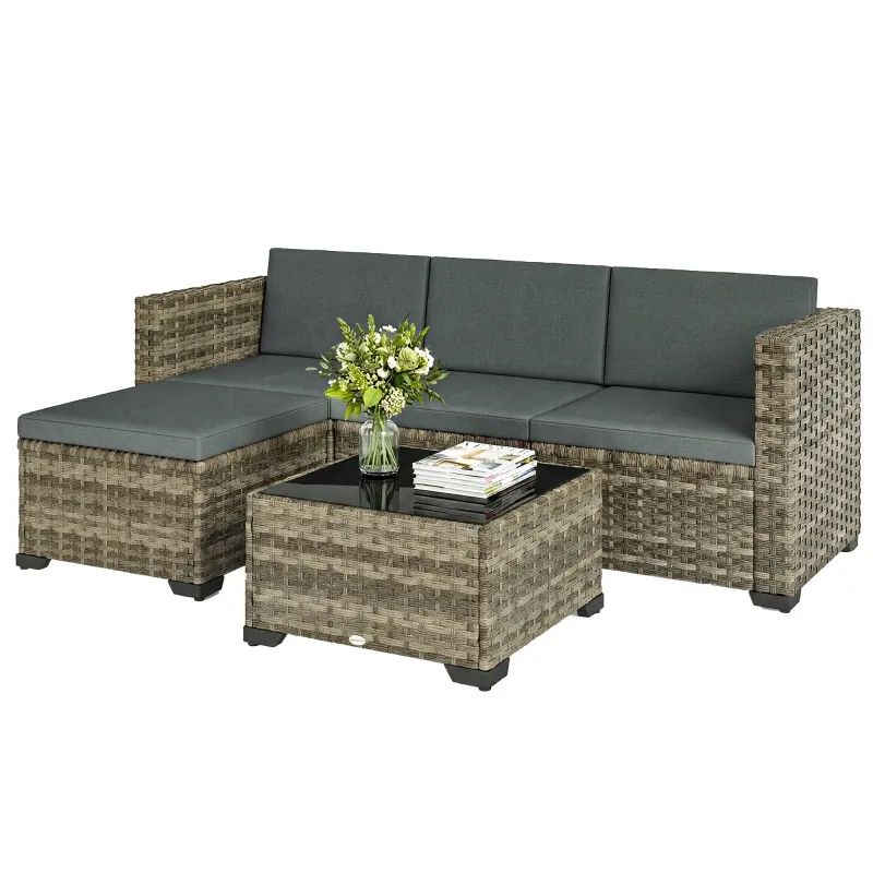 5-teiliges Rattan-Garten-Set Kissen 2 Ecksessel Sessel Fusshocker Tisch | Natur/Dunkelgrau