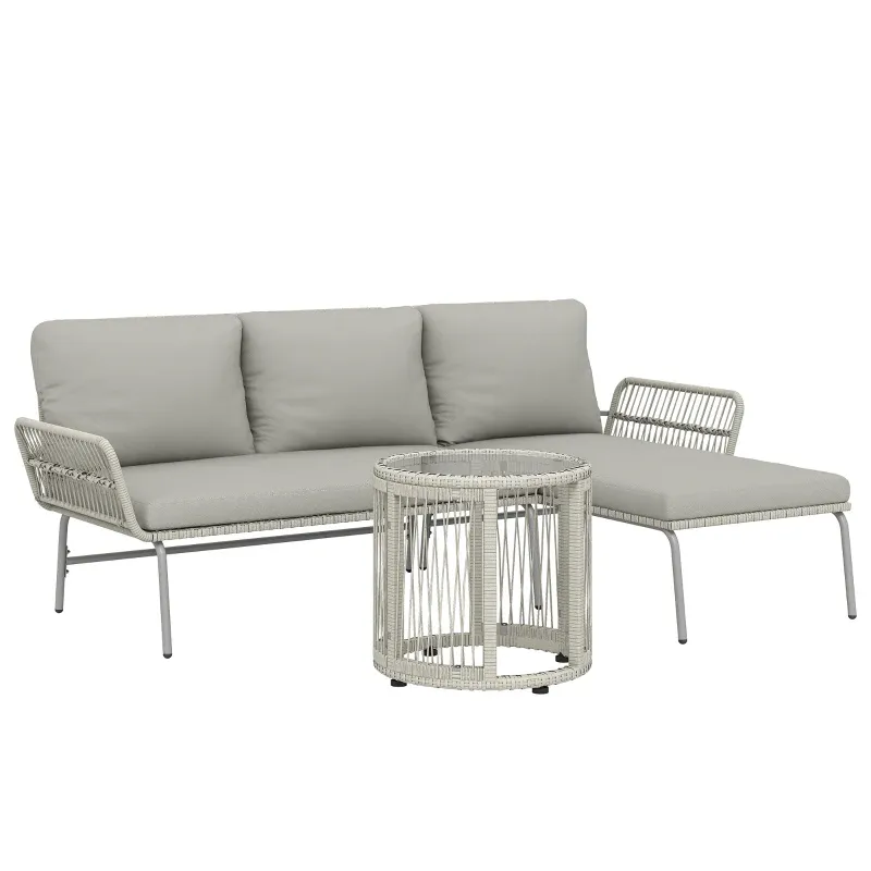 Rattan-Gartenmöbel Set 3-teilig Sonnenliege Zweisitzersofa Couchtisch Kissen | Hellgrau Rattan-Gartenmöbel Set 3-teilig Sonnenliege Zweisitzersofa Couchtisch Kissen | Hellgrau
